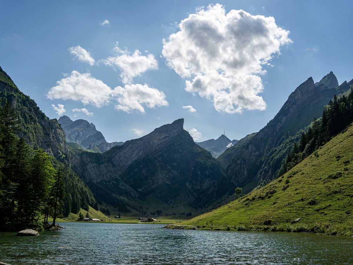 Seealpsee lake below the Alpstein mountains, Switzerland